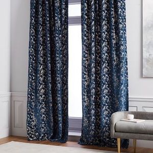 West Elm set of 2 Navy velvet woven Patterned Curtains Drapes